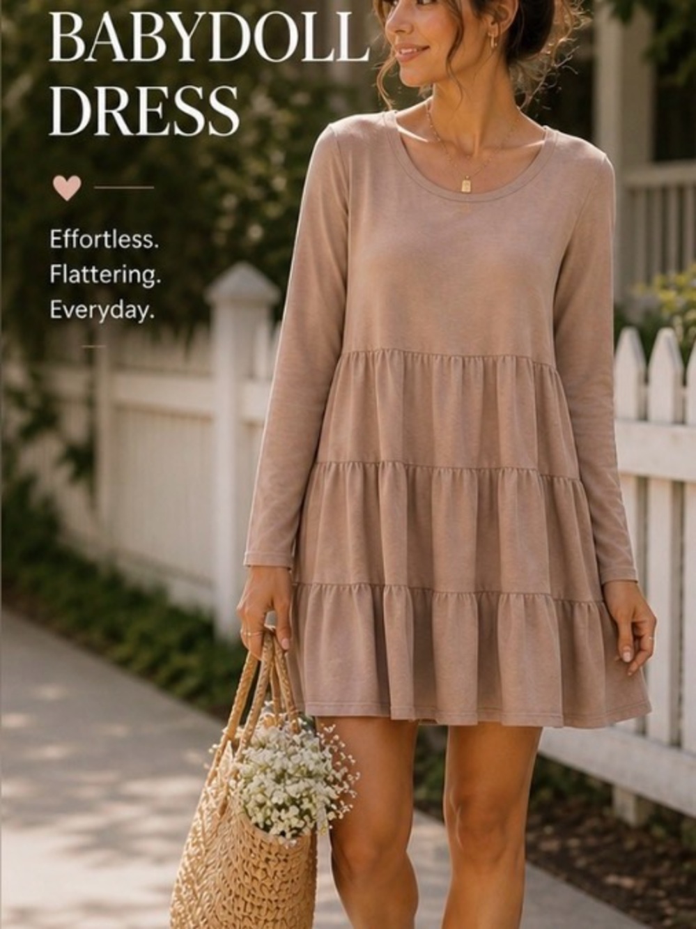 Easel Taupe Long Sleeve Tiered Dress